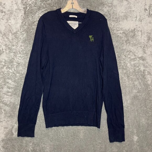 Abercrombie Fitch Men Muscle Fit Classic Preppy V Neck Pullover Sweater L Navy - Picture 1 of 11